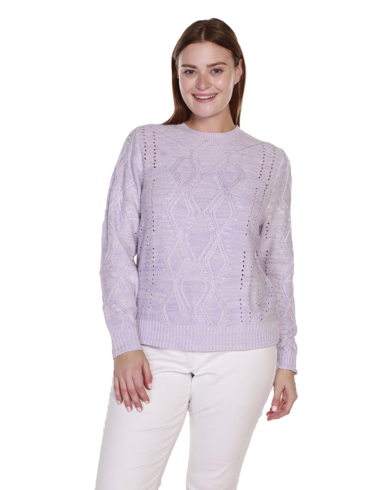 Front of a model wearing a size 3X Plus Size Marled Cable Knit Sweater in Pastel Lilac Combo by Belldini. | dia_product_style_image_id:319591